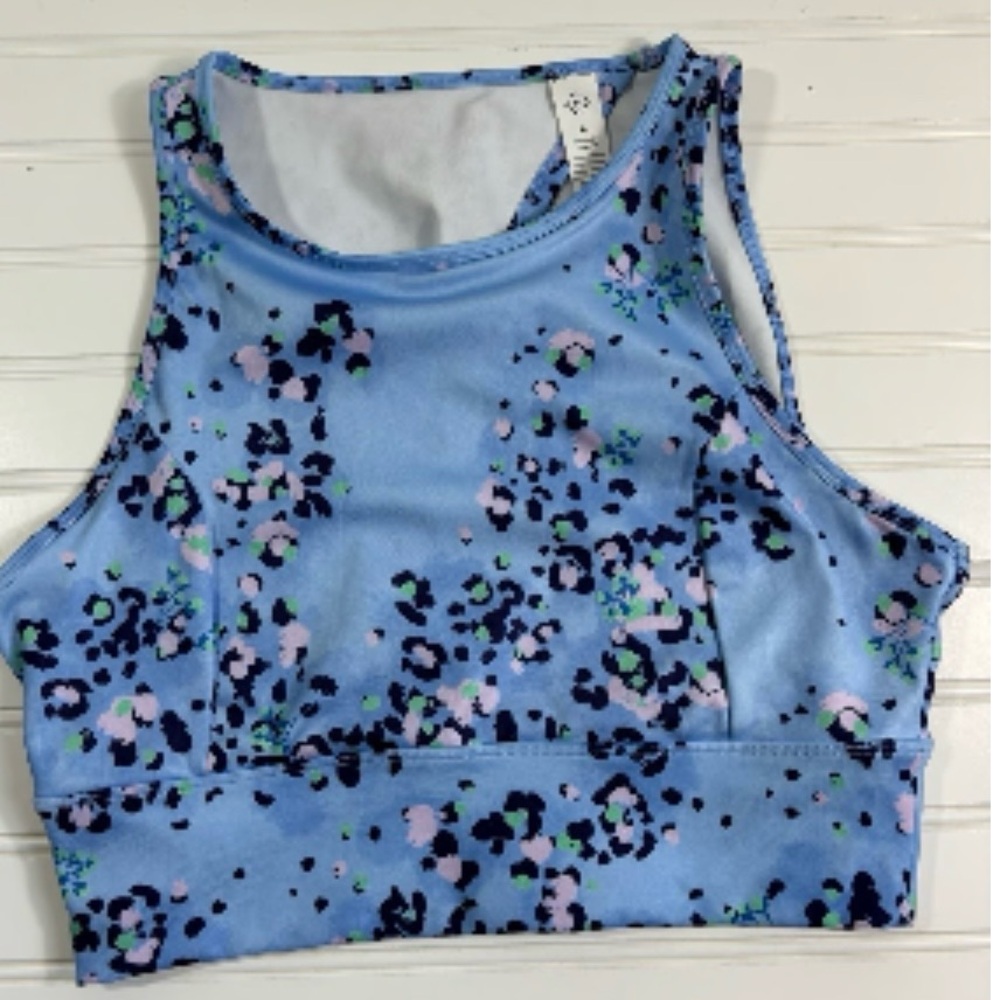 Nanette Lepore Longline Cross-Back Vista Blue floral Sports Bra, sz M